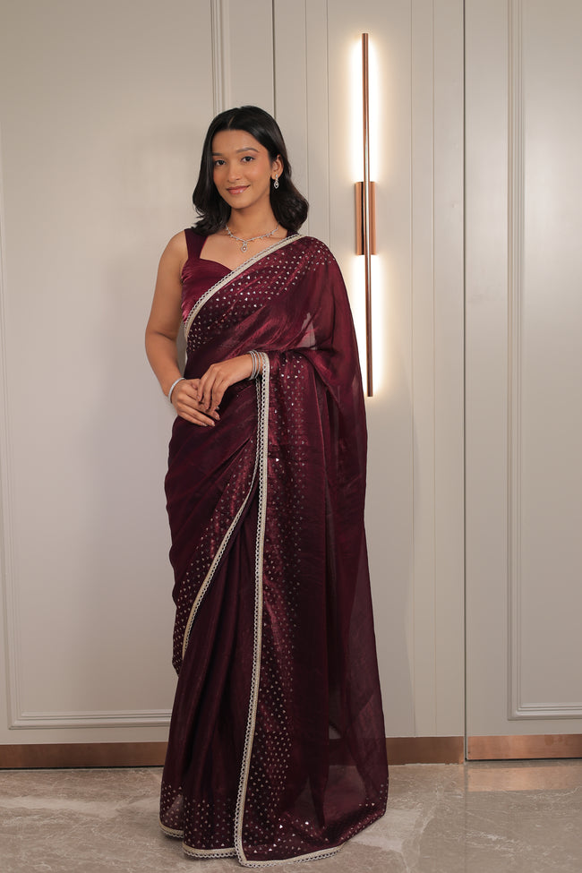 Rich Wine Maroon Satin Silk Saree with Sequin Work & Designer Lace Border – Party Wear Main Image
