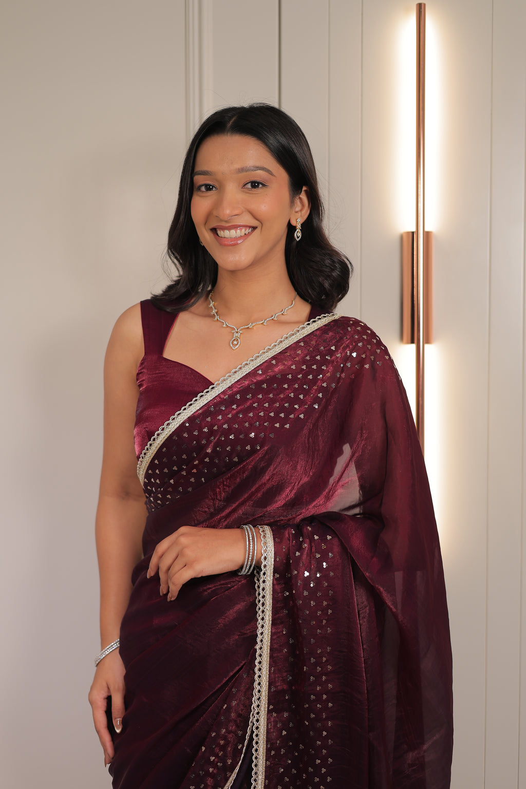 Rich Wine Maroon Satin Silk Saree with Sequin Work & Designer Lace Border – Party Wear