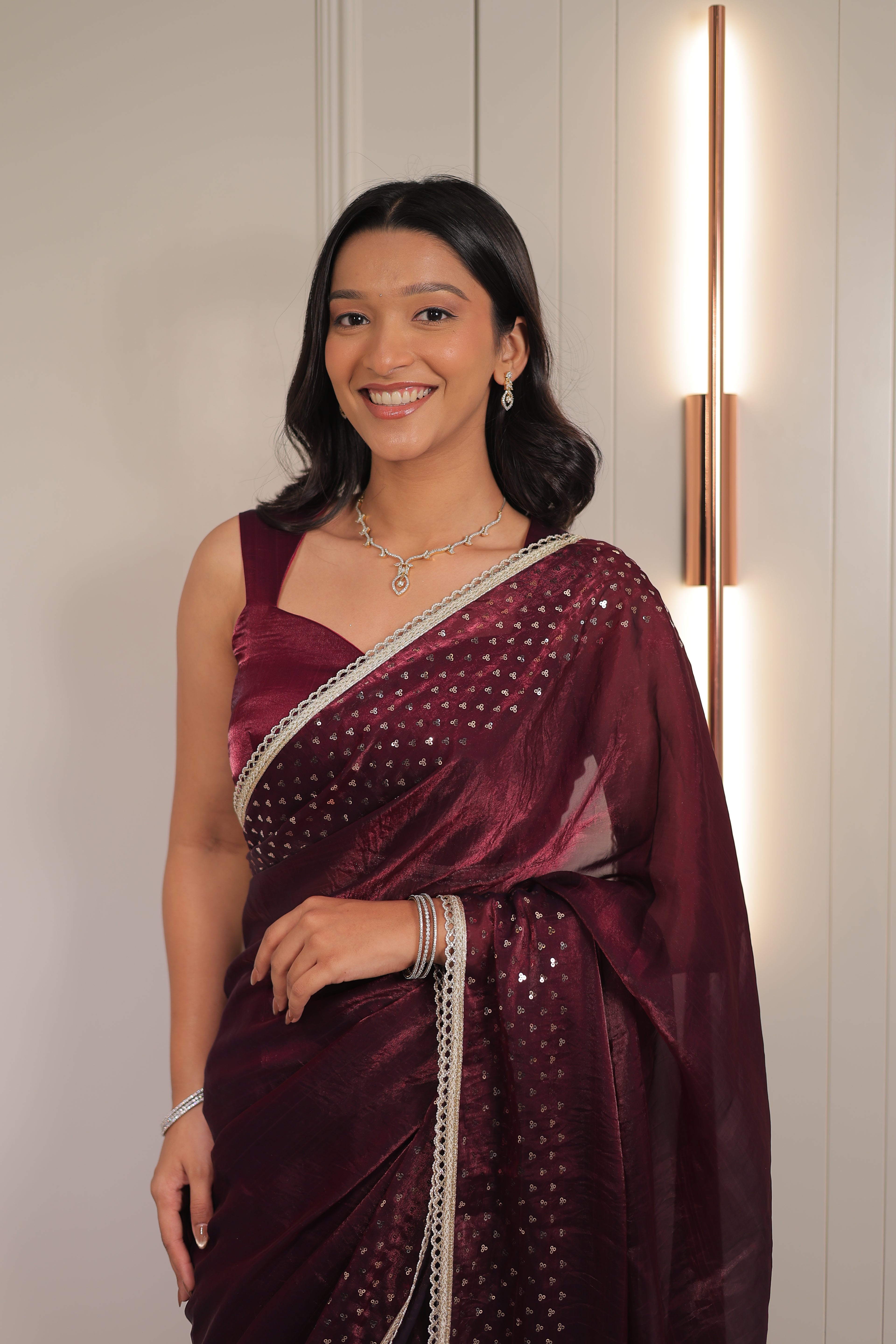 Rich Wine Maroon Satin Silk Saree with Sequin Work & Designer Lace Border – Party Wear