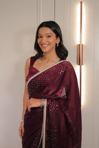 Rich Wine Maroon Satin Silk Saree with Sequin Work & Designer Lace Border – Party Wear