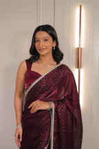 Rich Wine Maroon Satin Silk Saree with Sequin Work & Designer Lace Border – Party Wear