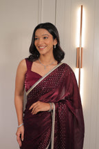 Rich Wine Maroon Satin Silk Saree with Sequin Work & Designer Lace Border – Party Wear
