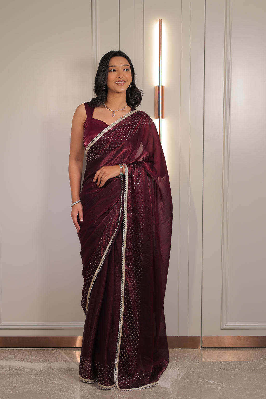 Rich Wine Maroon Satin Silk Saree with Sequin Work & Designer Lace Border – Party Wear