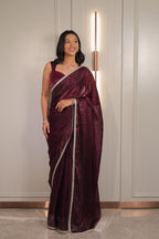 Rich Wine Maroon Satin Silk Saree with Sequin Work & Designer Lace Border – Party Wear