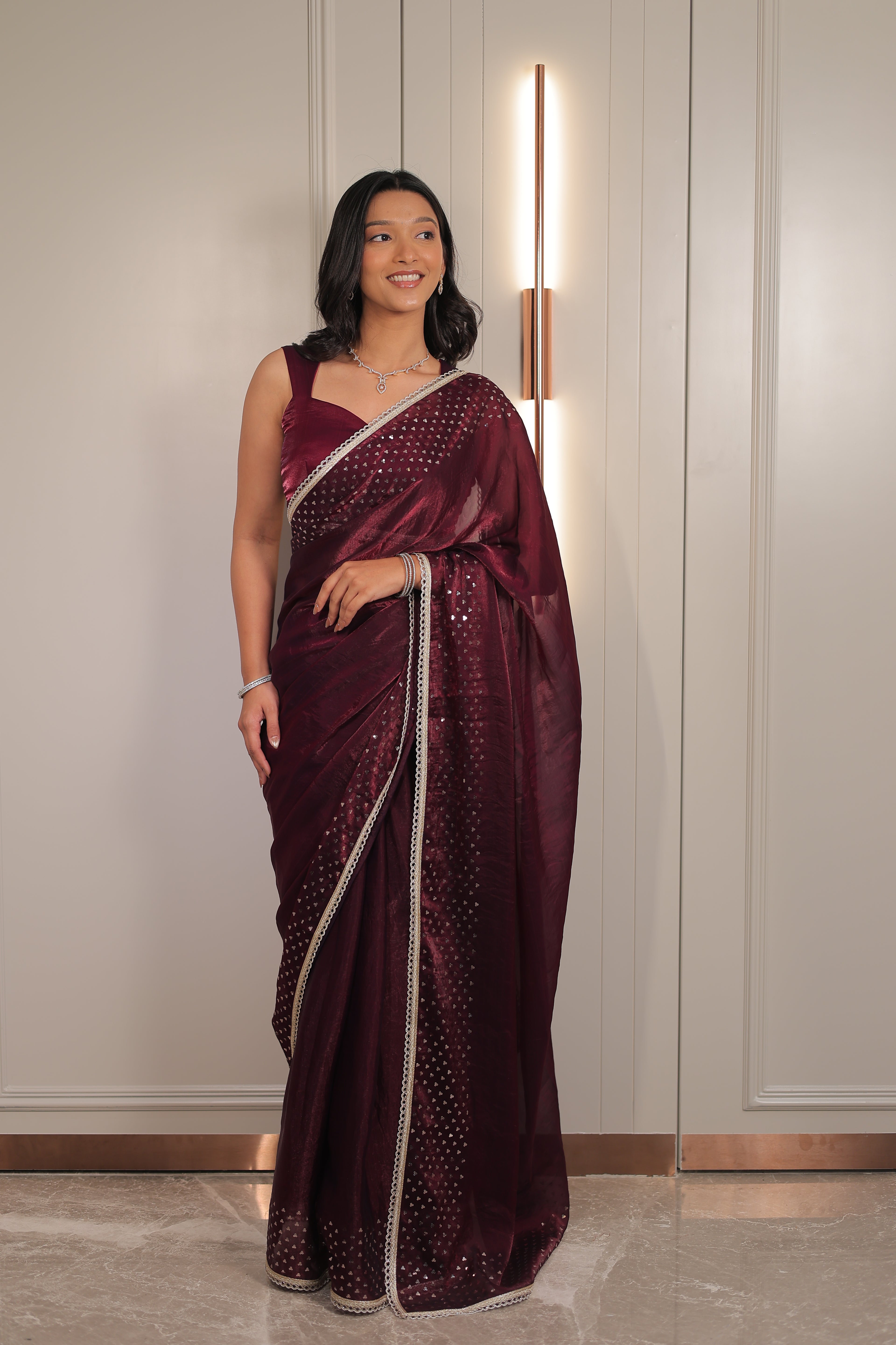 Rich Wine Maroon Satin Silk Saree with Sequin Work & Designer Lace Border – Party Wear