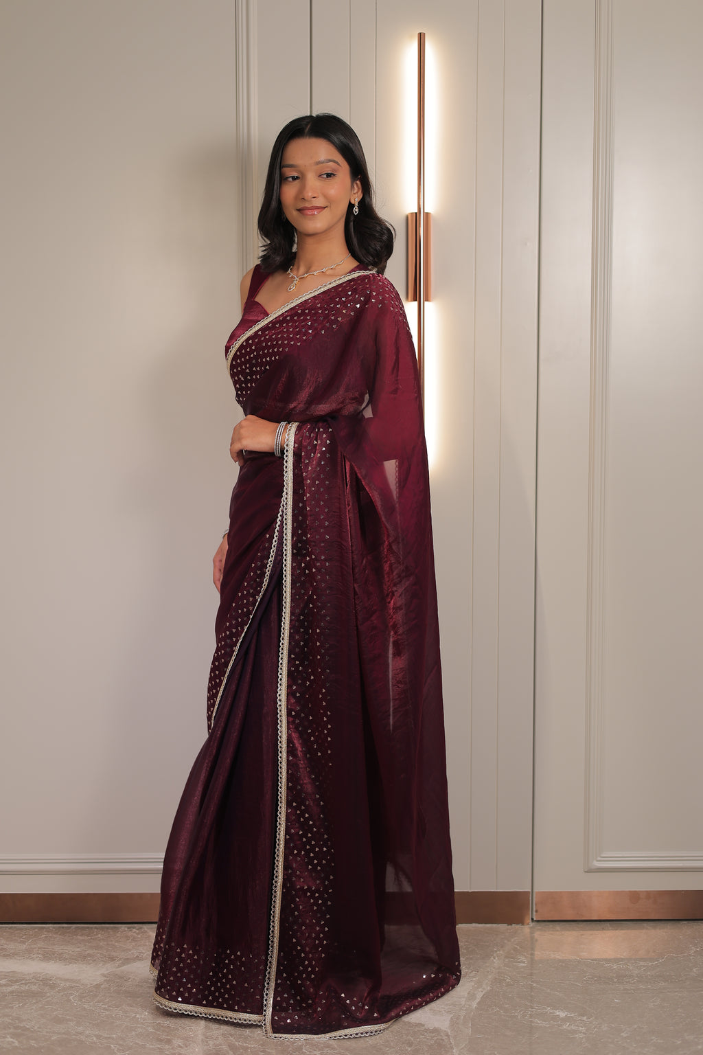 Rich Wine Maroon Satin Silk Saree with Sequin Work & Designer Lace Border – Party Wear