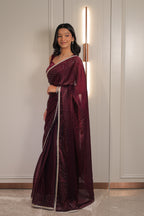 Rich Wine Maroon Satin Silk Saree with Sequin Work & Designer Lace Border – Party Wear