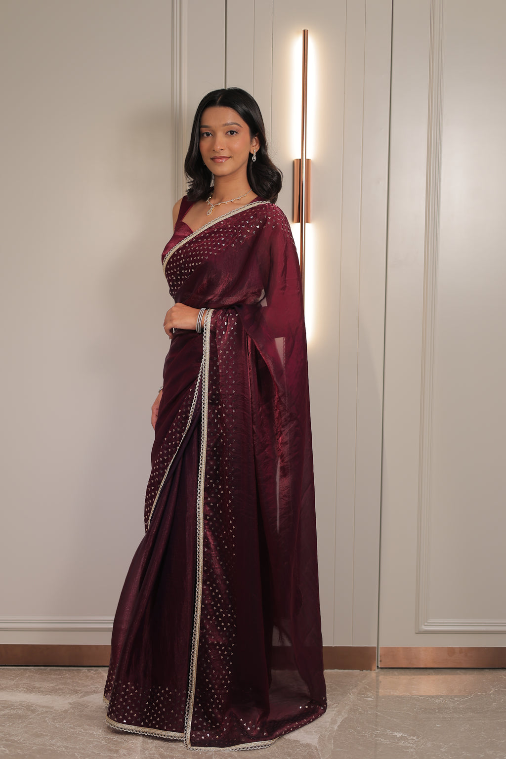 Rich Wine Maroon Satin Silk Saree with Sequin Work & Designer Lace Border – Party Wear