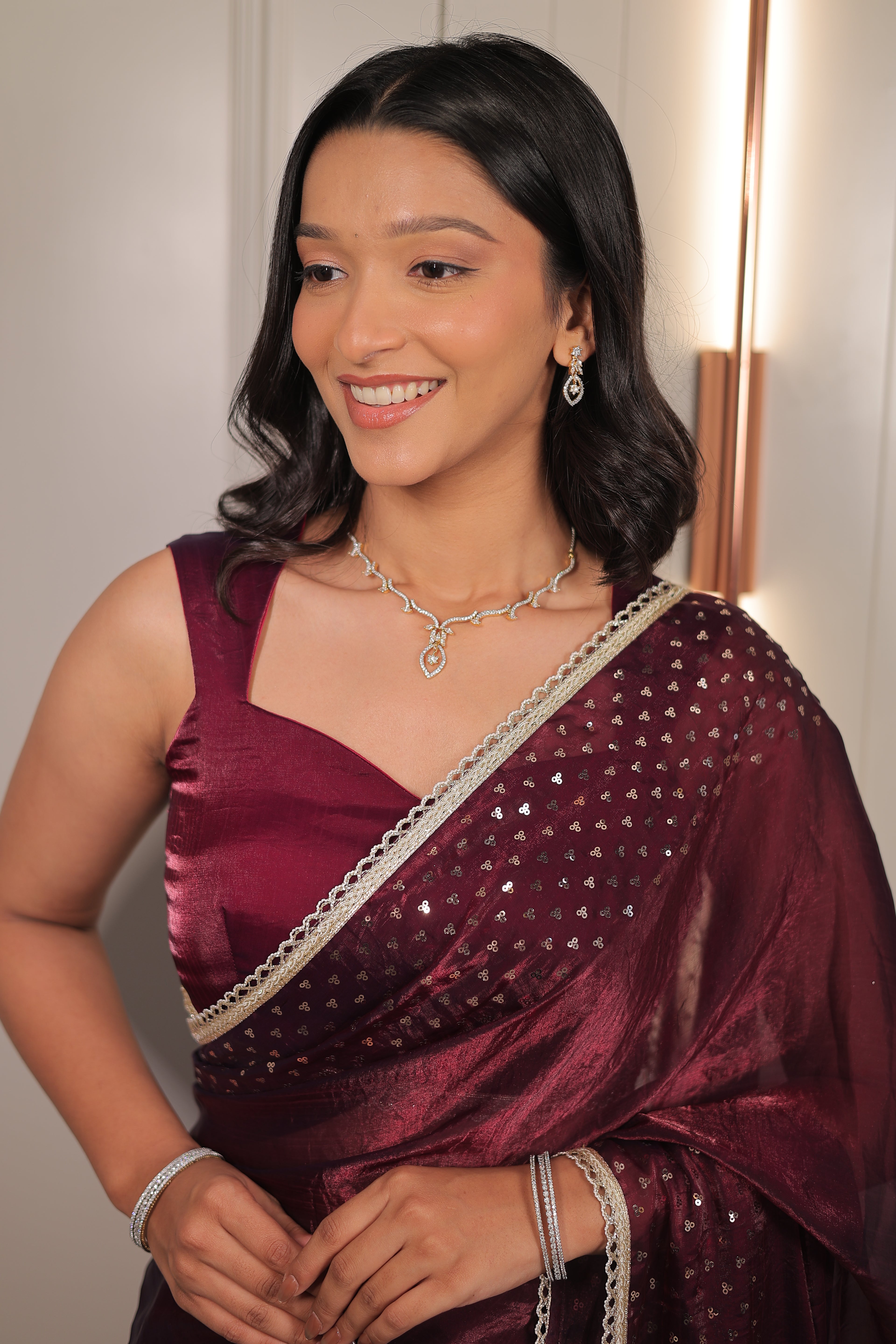 Rich Wine Maroon Satin Silk Saree with Sequin Work & Designer Lace Border – Party Wear