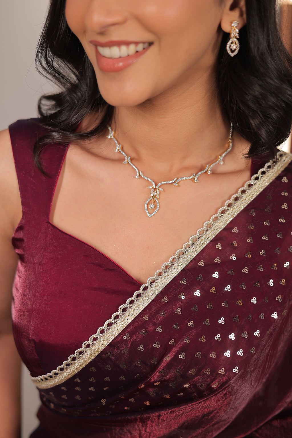 Rich Wine Maroon Satin Silk Saree with Sequin Work & Designer Lace Border – Party Wear