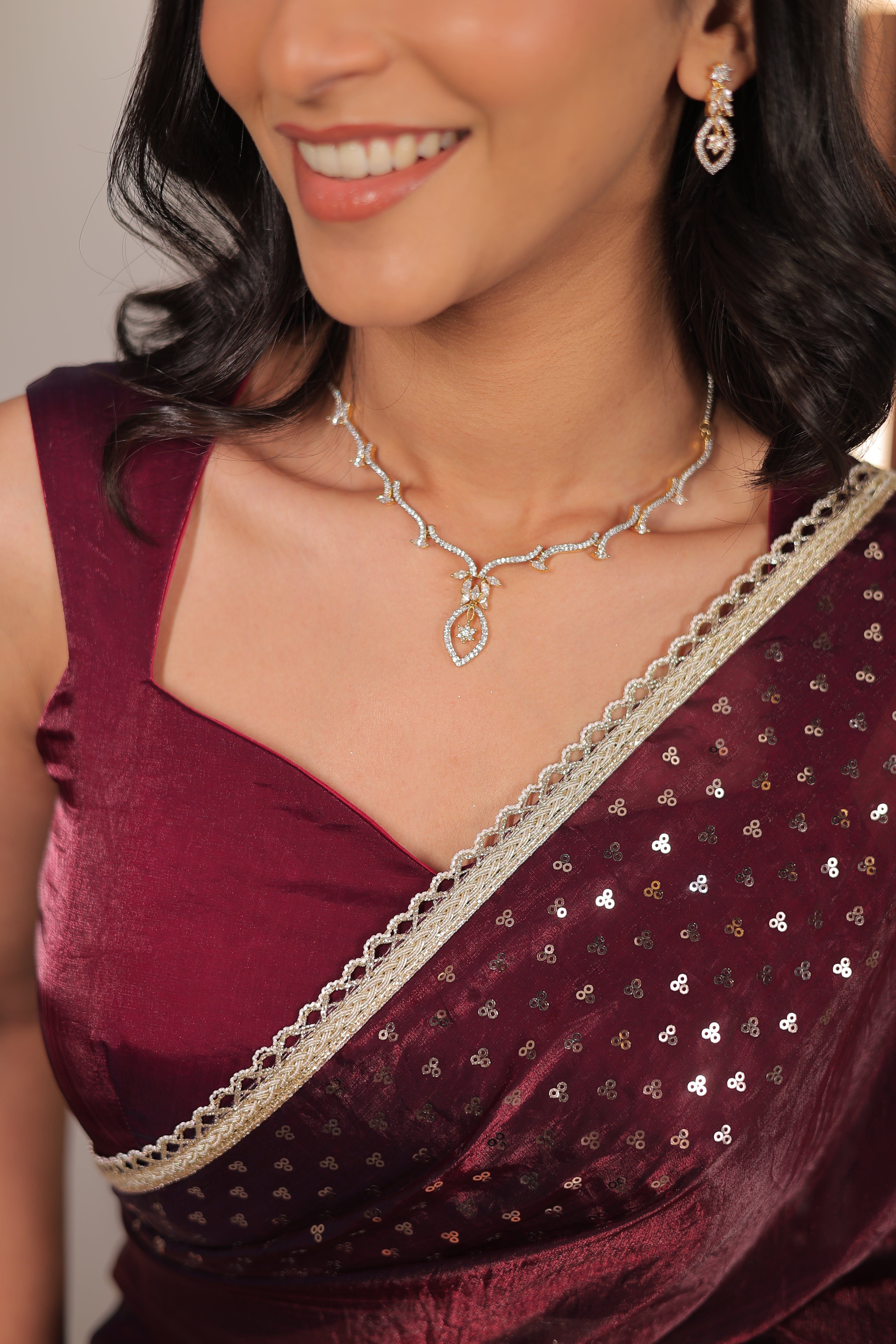 Rich Wine Maroon Satin Silk Saree with Sequin Work & Designer Lace Border – Party Wear