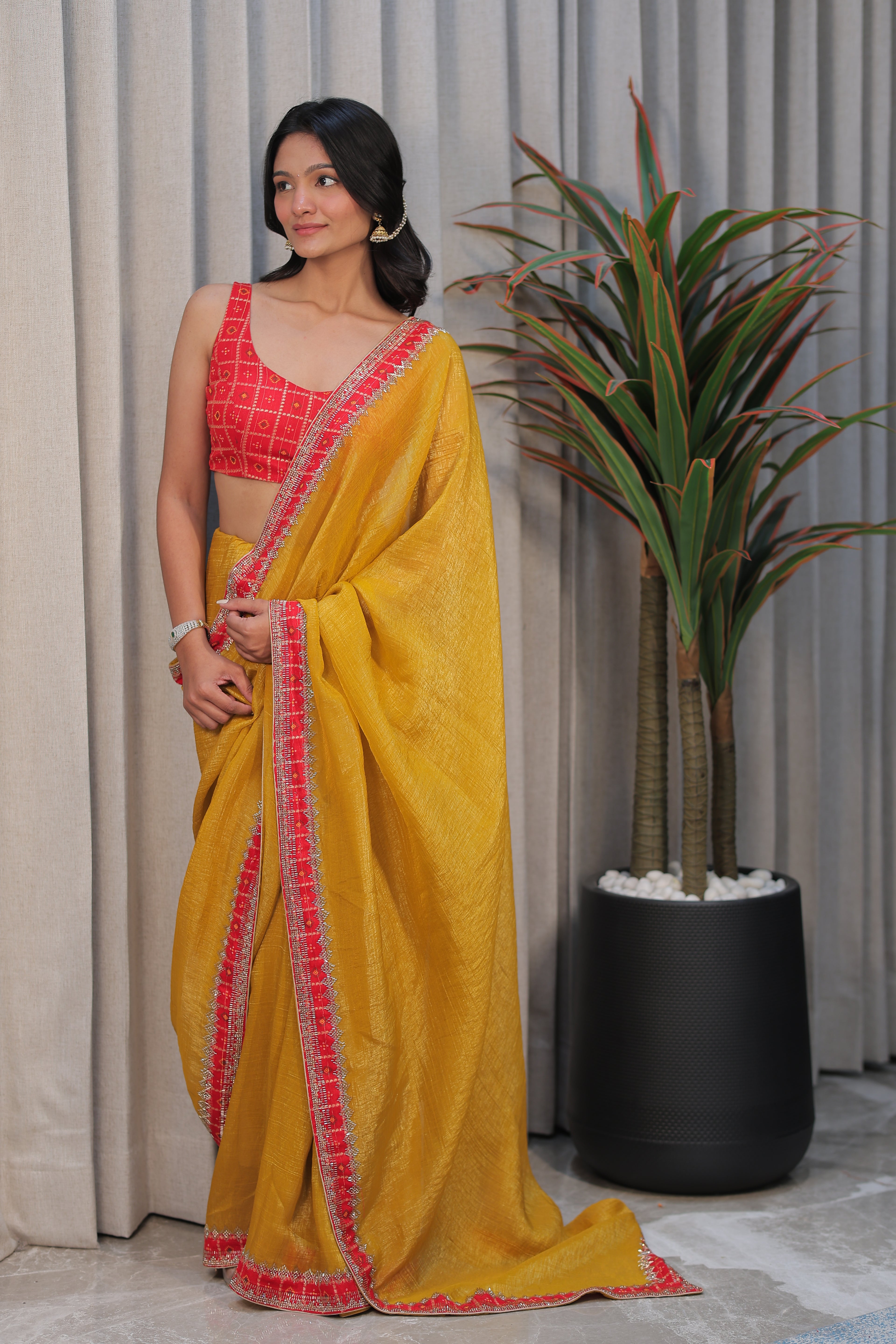 Mustard Yellow Linen Silk Saree with Red bandhani Blouse – Lightweight Festive & Party Wear Saree for Women