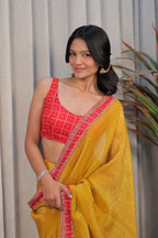 Mustard Yellow Linen Silk Saree with Red bandhani Blouse – Lightweight Festive & Party Wear Saree for Women