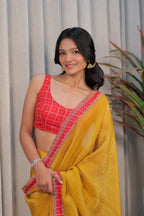 Mustard Yellow Linen Silk Saree with Red bandhani Blouse – Lightweight Festive & Party Wear Saree for Women