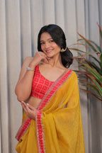 Mustard Yellow Linen Silk Saree with Red bandhani Blouse – Lightweight Festive & Party Wear Saree for Women