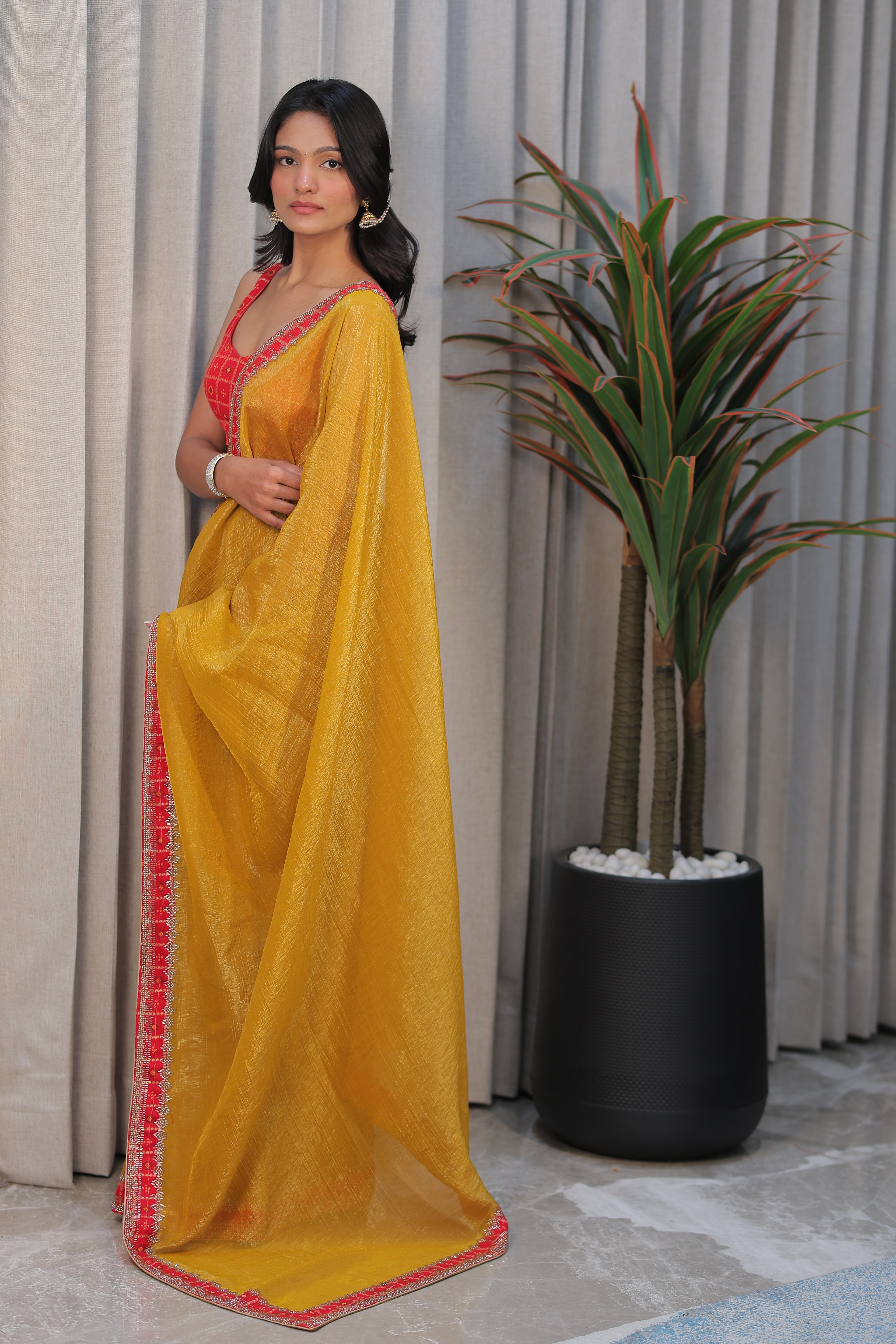 Mustard Yellow Linen Silk Saree with Red bandhani Blouse – Lightweight Festive & Party Wear Saree for Women