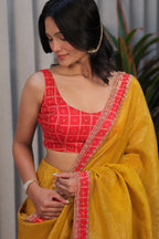 Mustard Yellow Linen Silk Saree with Red bandhani Blouse – Lightweight Festive & Party Wear Saree for Women