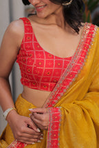 Mustard Yellow Linen Silk Saree with Red bandhani Blouse – Lightweight Festive & Party Wear Saree for Women