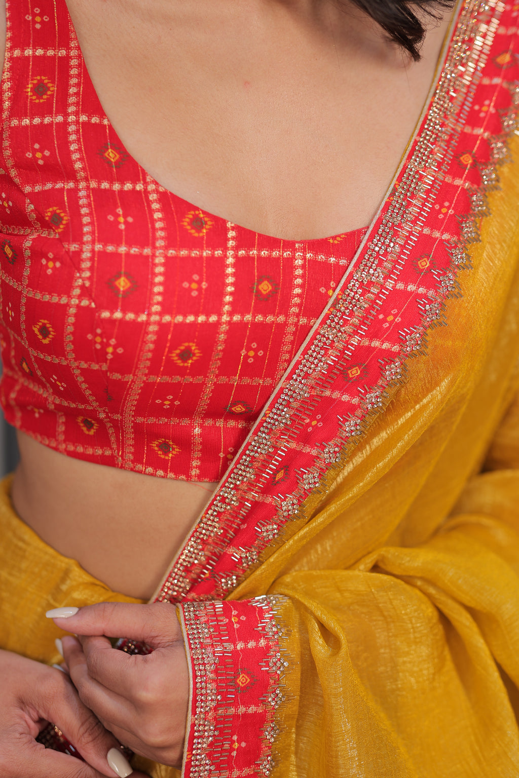 Mustard Yellow Linen Silk Saree with Red bandhani Blouse – Lightweight Festive & Party Wear Saree for Women