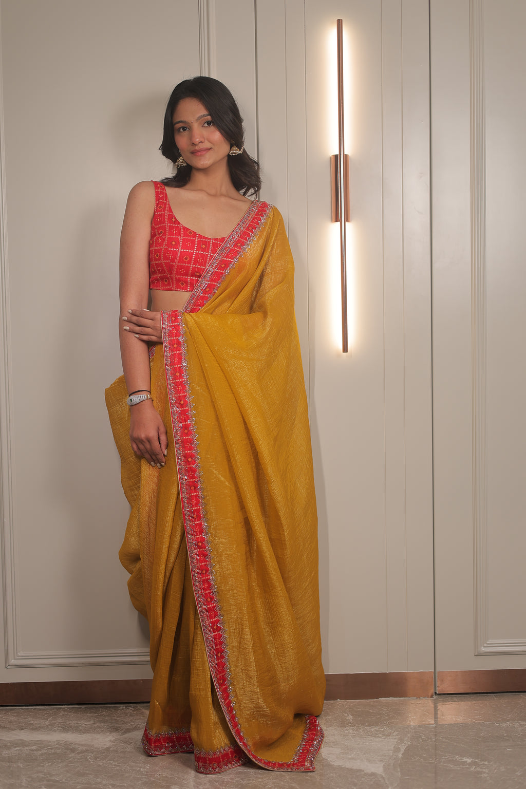 Mustard Yellow Linen Silk Saree with Red bandhani Blouse – Lightweight Festive & Party Wear Saree for Women