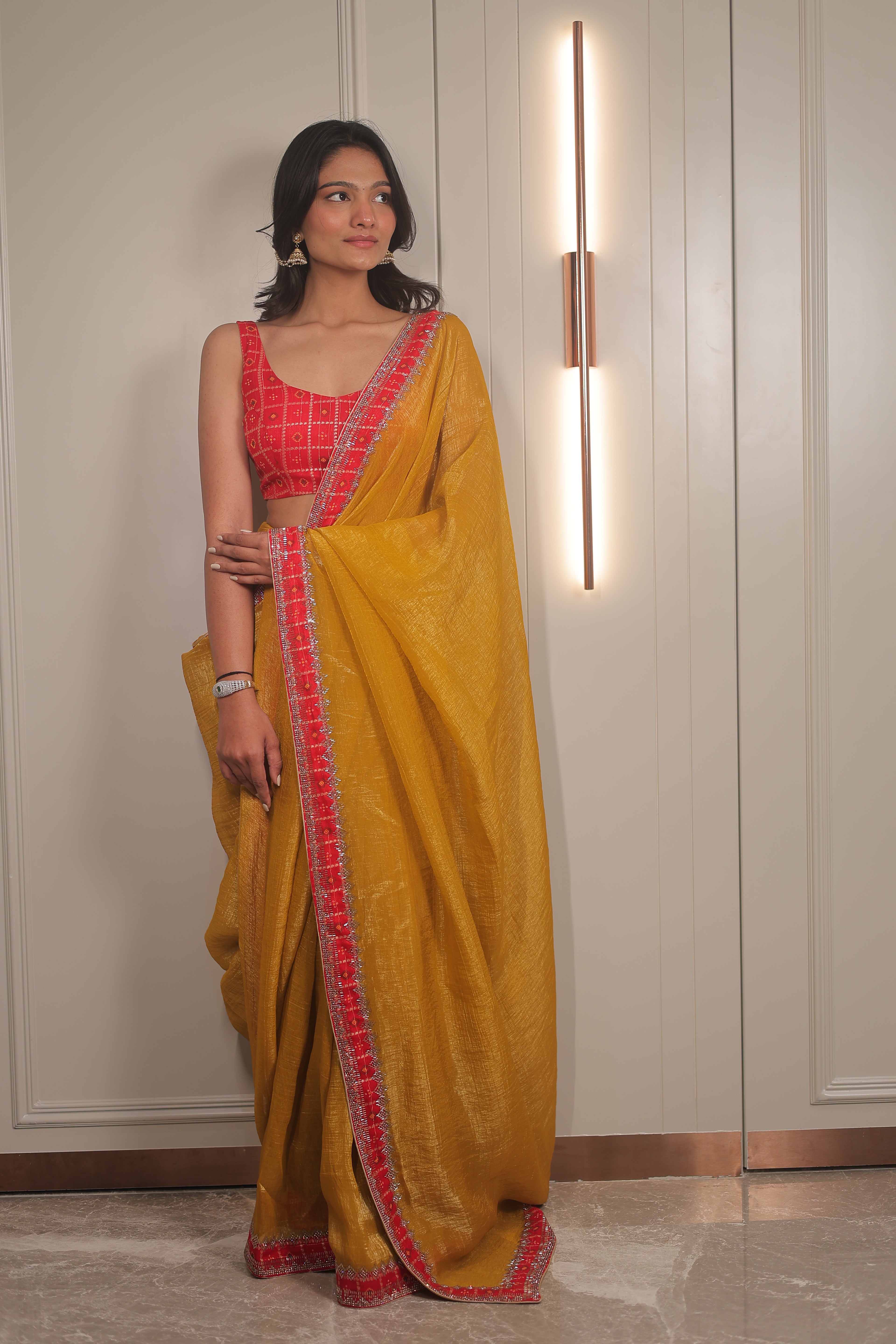 Mustard Yellow Linen Silk Saree with Red bandhani Blouse – Lightweight Festive & Party Wear Saree for Women