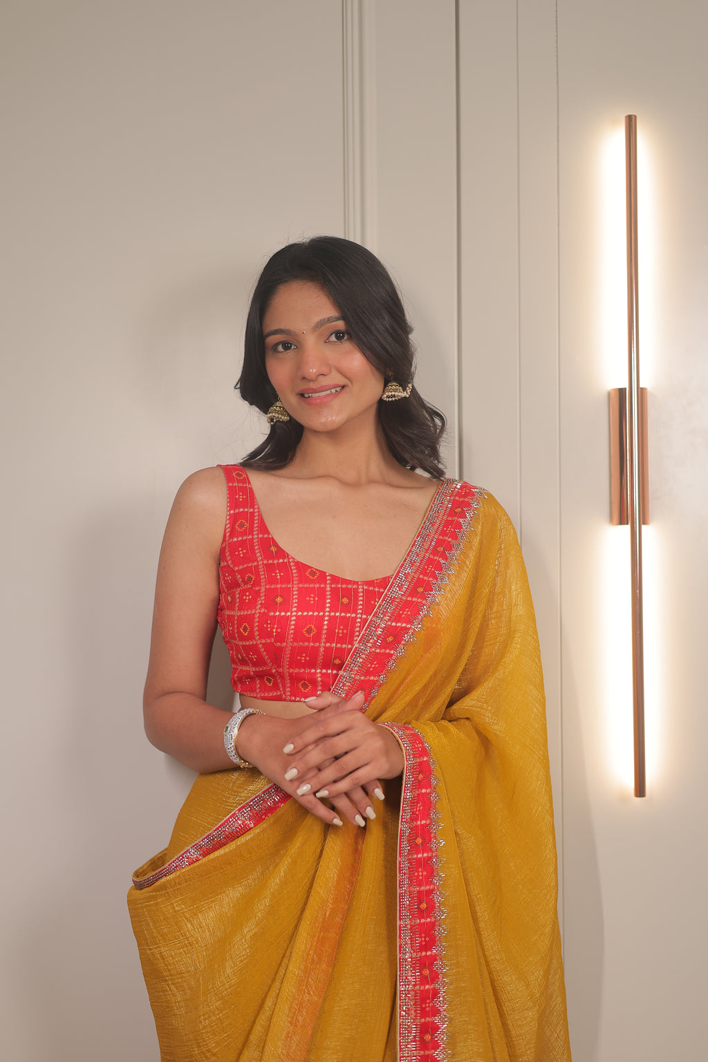 Mustard Yellow Linen Silk Saree with Red bandhani Blouse – Lightweight Festive & Party Wear Saree for Women