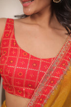 Mustard Yellow Linen Silk Saree with Red bandhani Blouse – Lightweight Festive & Party Wear Saree for Women