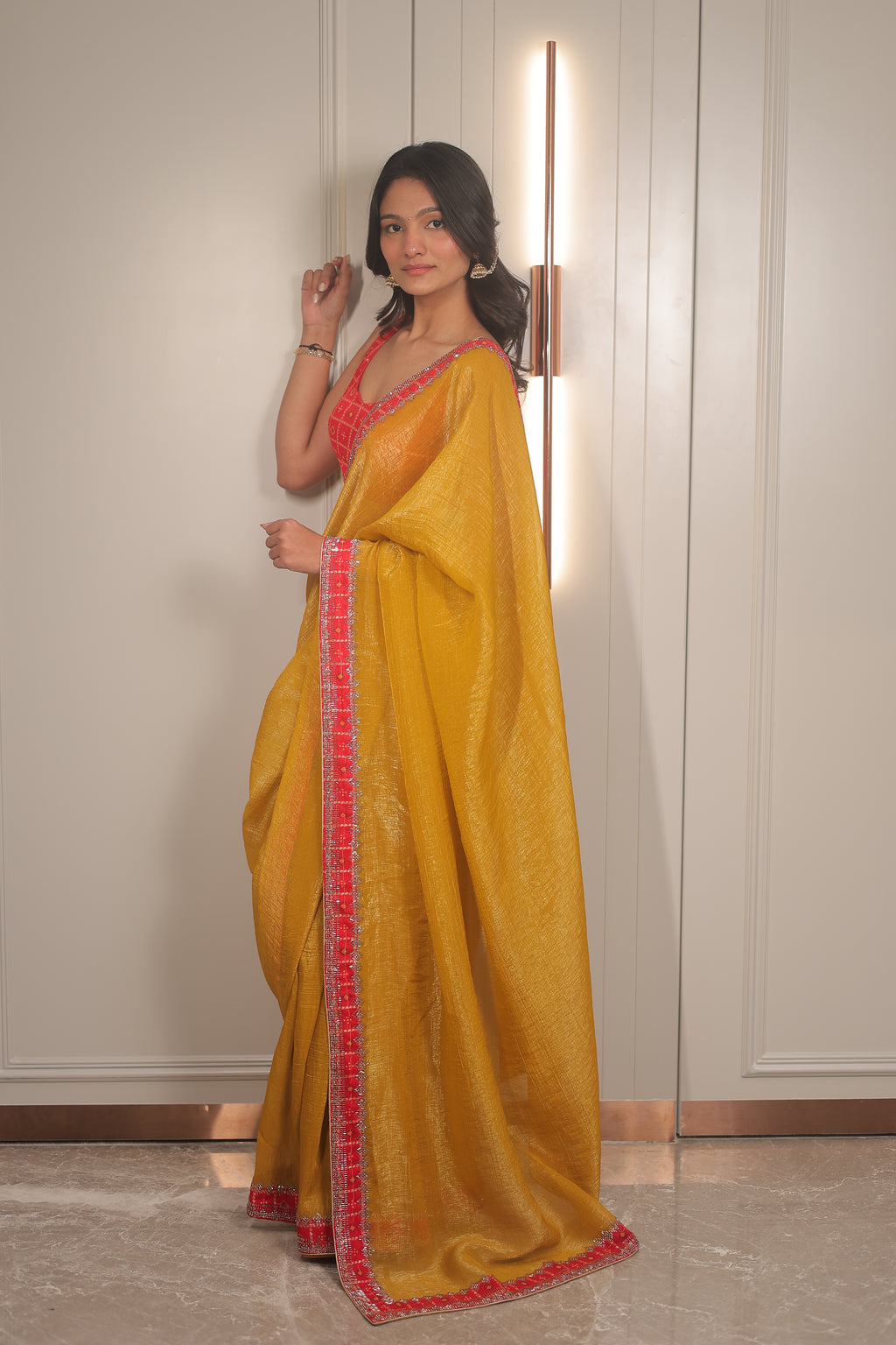 Mustard Yellow Linen Silk Saree with Red bandhani Blouse – Lightweight Festive & Party Wear Saree for Women