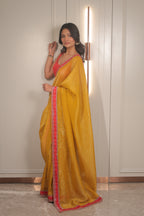 Mustard Yellow Linen Silk Saree with Red bandhani Blouse – Lightweight Festive & Party Wear Saree for Women