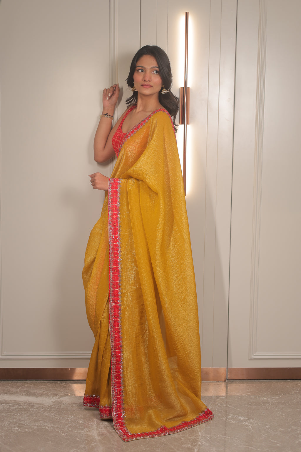 Mustard Yellow Linen Silk Saree with Red bandhani Blouse – Lightweight Festive & Party Wear Saree for Women