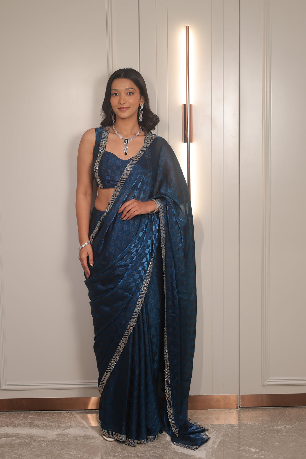 Royal Blue Satin Silk Saree with Designer Border