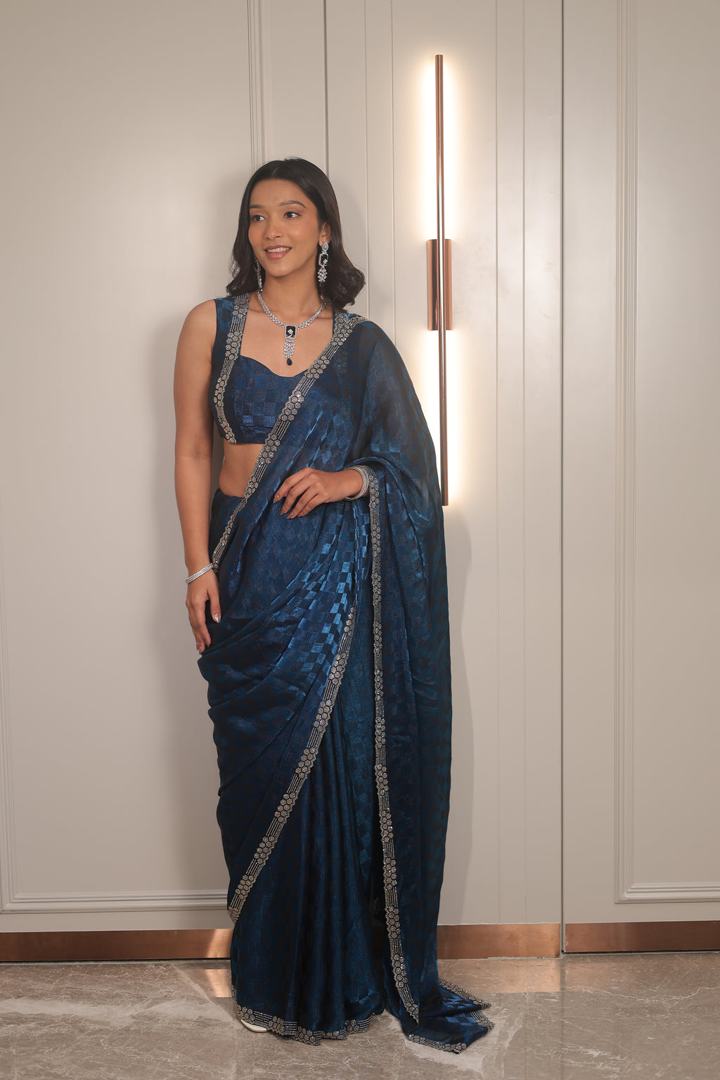 Royal Blue Satin Silk Saree with Designer Border