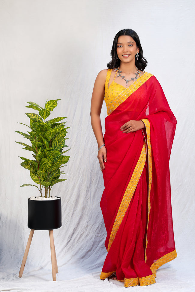 Pink Linen Silk Saree with Yellow Bandhani Border & Blouse – Elegant Festive & Party Wear Saree for Women Hover Image