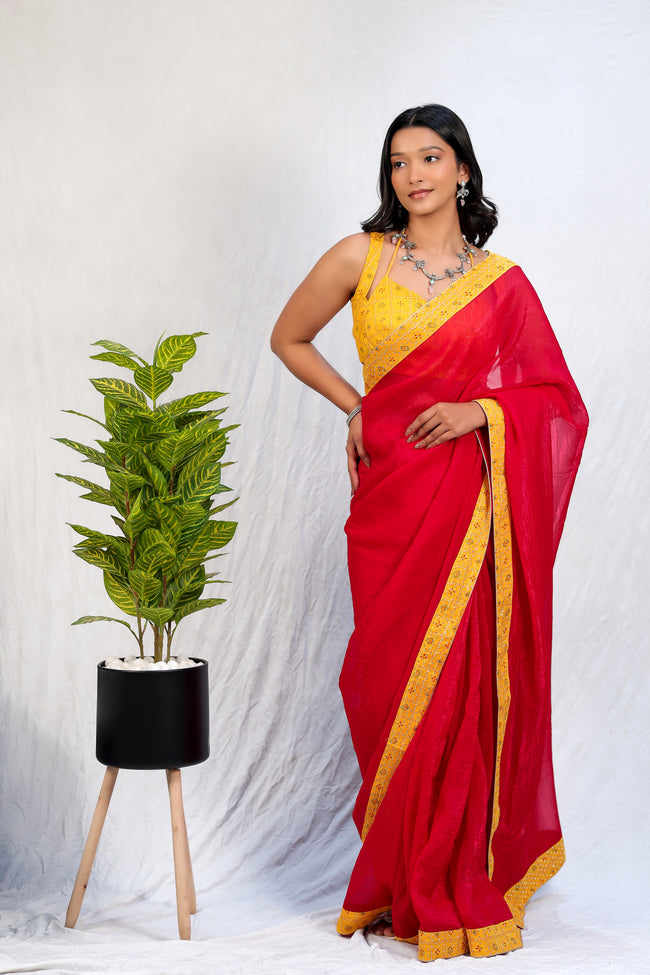 Pink Linen Silk Saree with Yellow Bandhani Border & Blouse – Elegant Festive & Party Wear Saree for Women Main Image