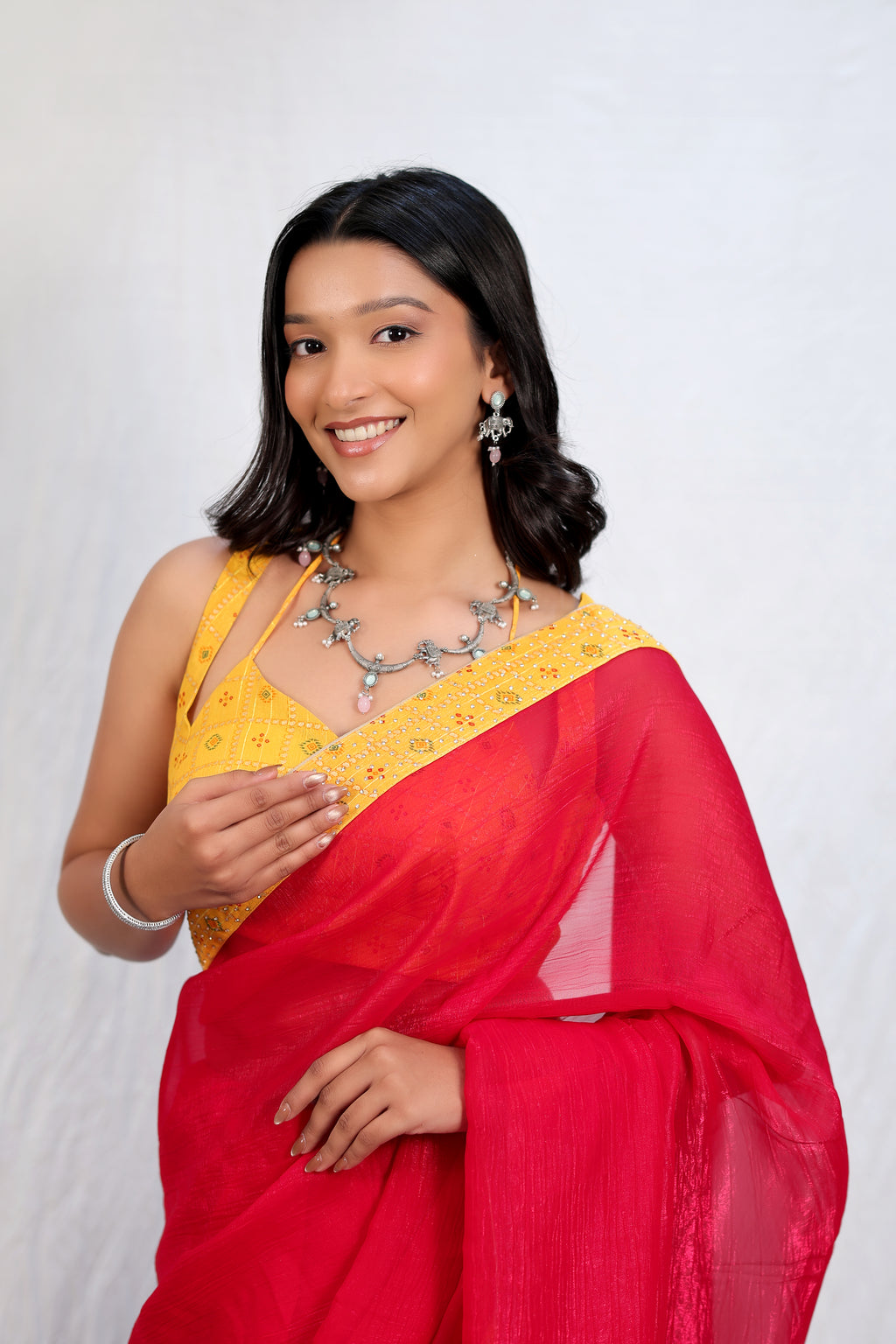 Pink Linen Silk Saree with Yellow Bandhani Border & Blouse – Elegant Festive & Party Wear Saree for Women