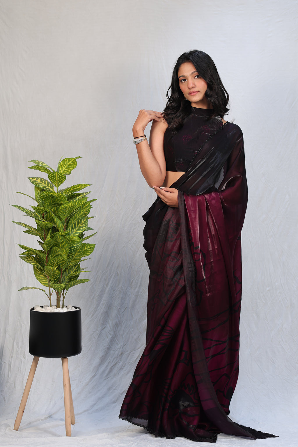 Black & Wine Ombre Satin Silk Saree with Abstract Print & Minimal Border – Party Wear