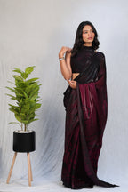 Black & Wine Ombre Satin Silk Saree with Abstract Print & Minimal Border – Party Wear