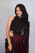 Black & Wine Ombre Satin Silk Saree with Abstract Print & Minimal Border – Party Wear