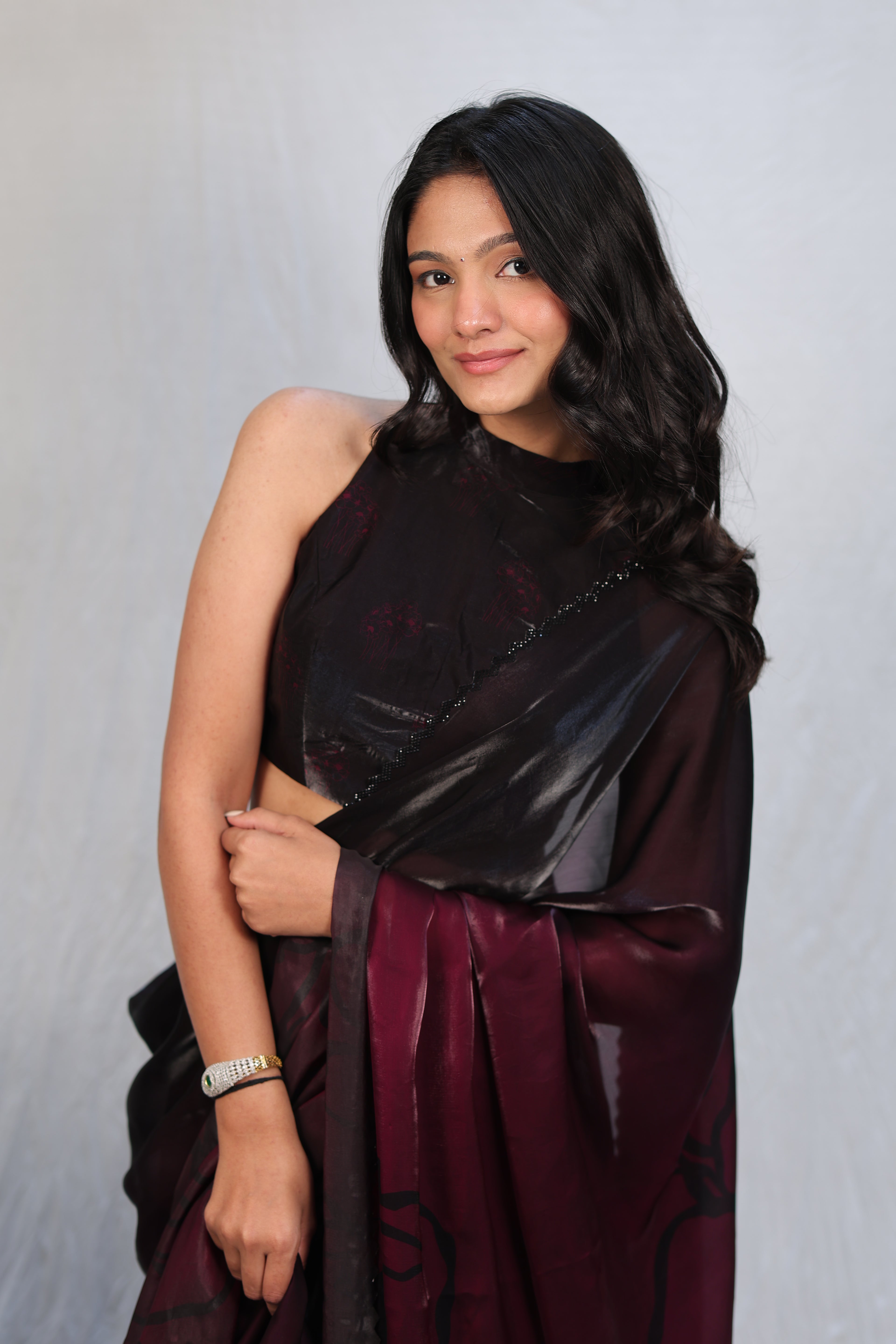 Black & Wine Ombre Satin Silk Saree with Abstract Print & Minimal Border – Party Wear