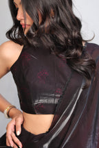 Black & Wine Ombre Satin Silk Saree with Abstract Print & Minimal Border – Party Wear