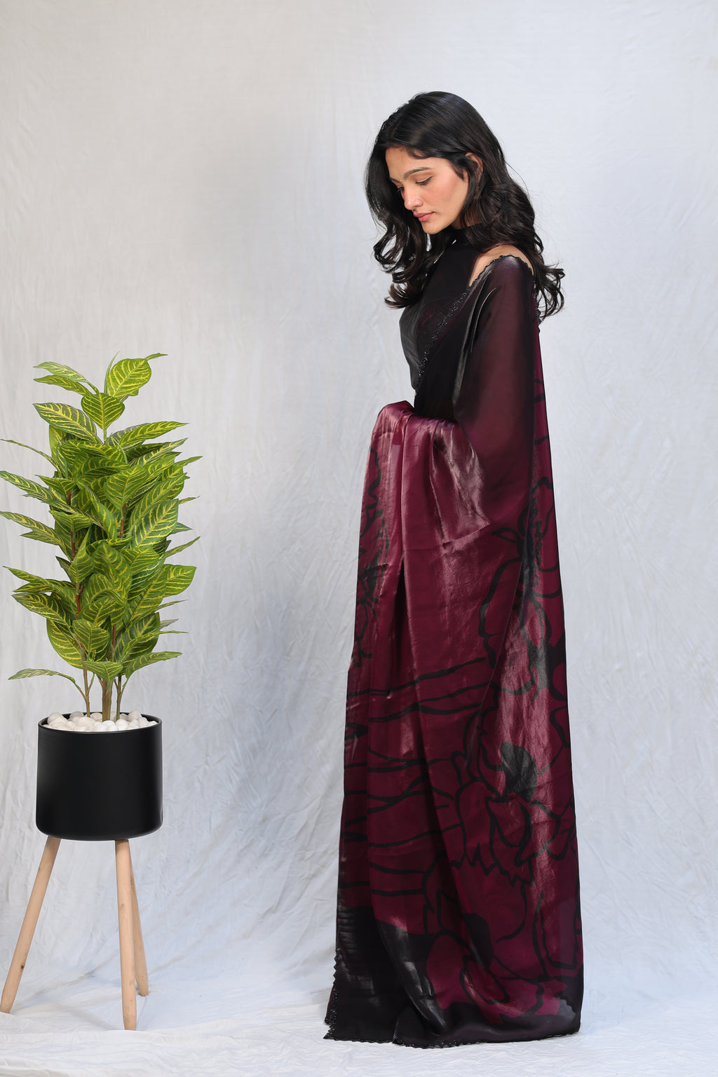 Black & Wine Ombre Satin Silk Saree with Abstract Print & Minimal Border – Party Wear