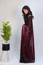 Black & Wine Ombre Satin Silk Saree with Abstract Print & Minimal Border – Party Wear