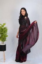 Black & Wine Ombre Satin Silk Saree with Abstract Print & Minimal Border – Party Wear