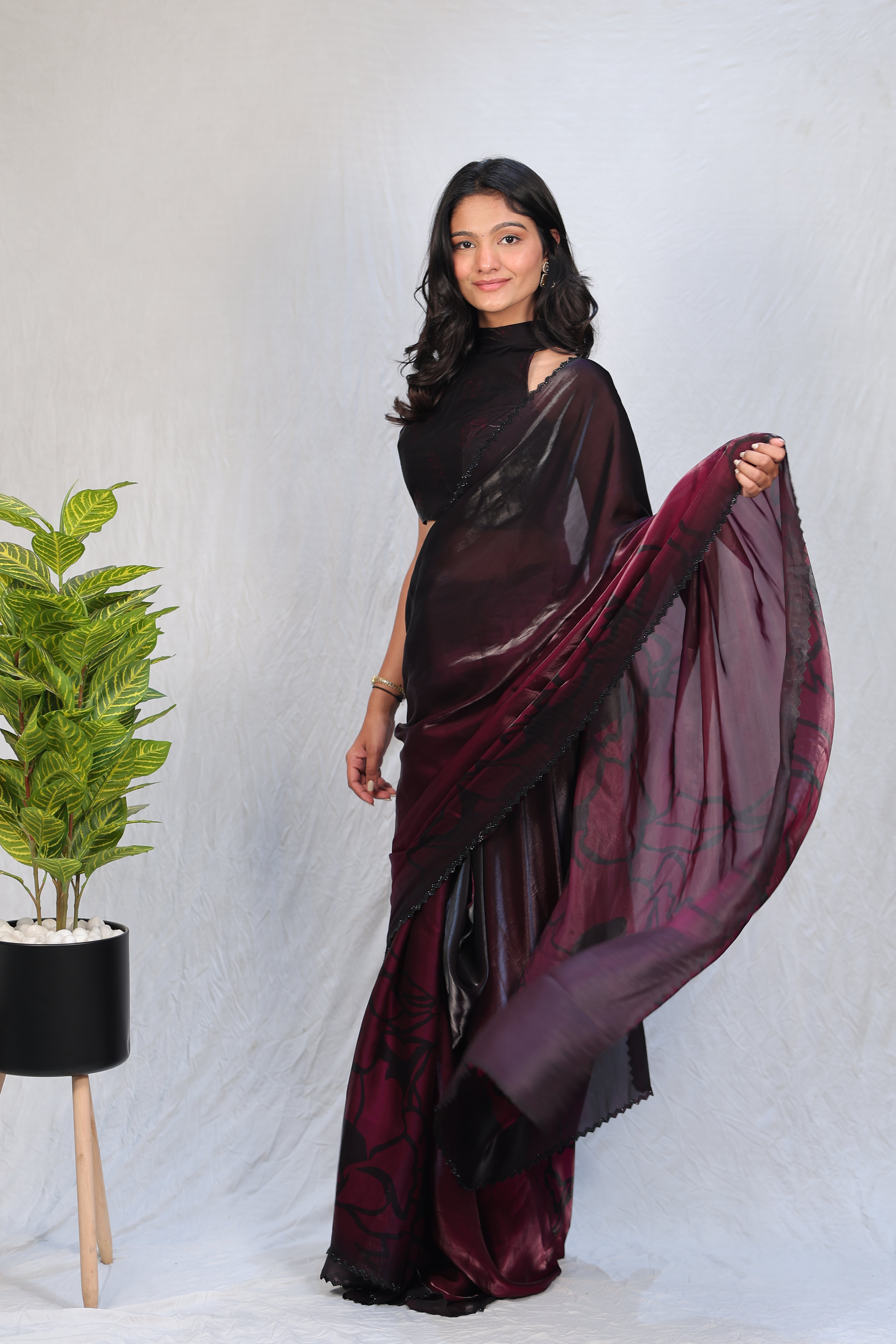 Black & Wine Ombre Satin Silk Saree with Abstract Print & Minimal Border – Party Wear