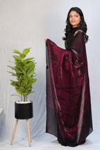 Black & Wine Ombre Satin Silk Saree with Abstract Print & Minimal Border – Party Wear
