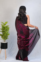 Black & Wine Ombre Satin Silk Saree with Abstract Print & Minimal Border – Party Wear