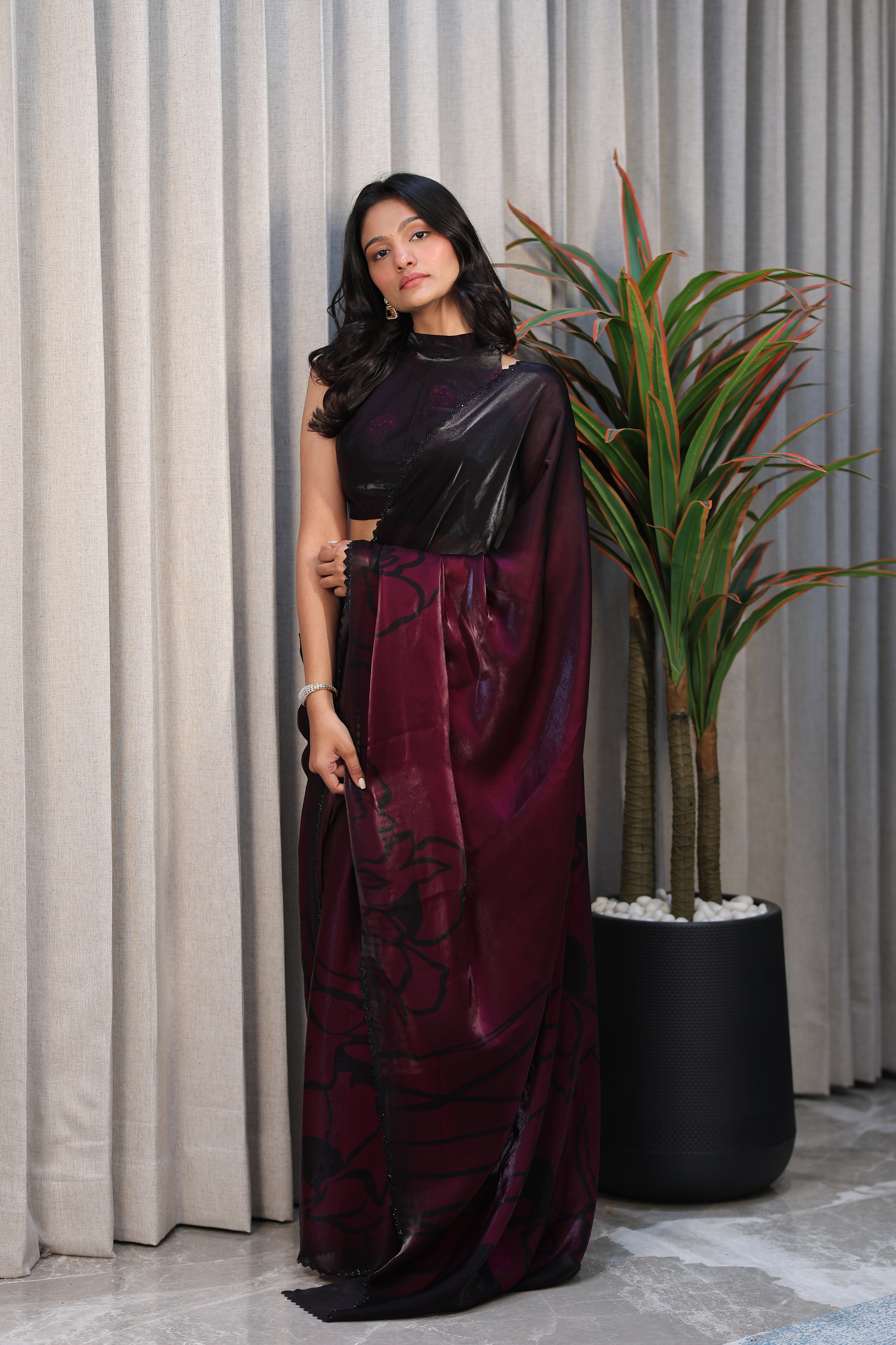 Black & Wine Ombre Satin Silk Saree with Abstract Print & Minimal Border – Party Wear