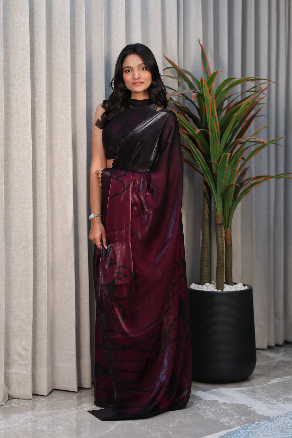 Black & Wine Ombre Satin Silk Saree with Abstract Print & Minimal Border – Party Wear