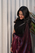 Black & Wine Ombre Satin Silk Saree with Abstract Print & Minimal Border – Party Wear