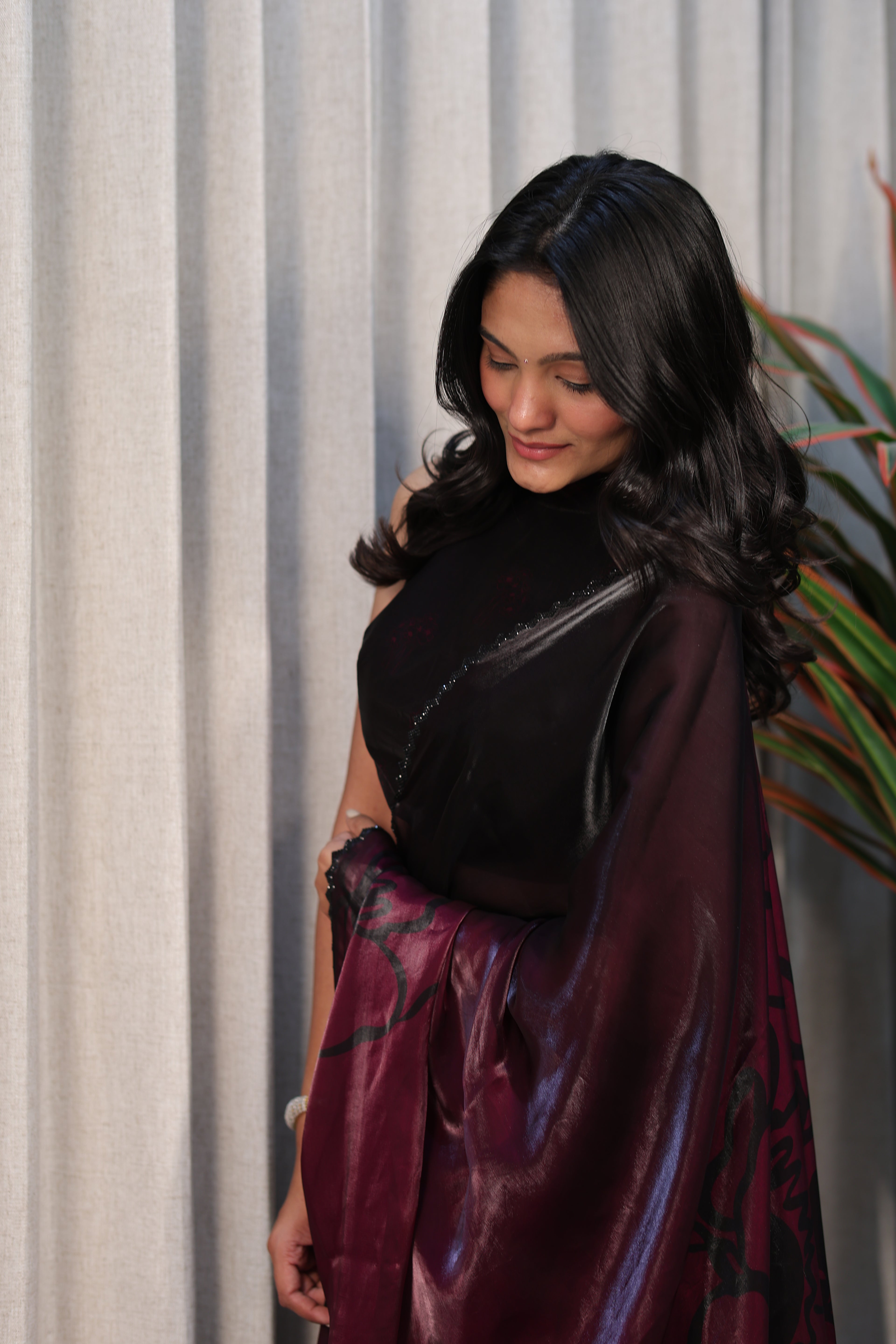 Black & Wine Ombre Satin Silk Saree with Abstract Print & Minimal Border – Party Wear